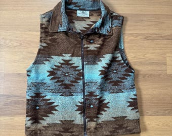 Women's Vintage Black Mountain Outdoor Brown Blue Fleece Aztec Zip Vest Sz Small
