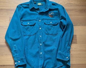 Camisa de manga larga con botones de algodón azul verdoso oscuro para hombre, estilo vintage de Cabela's, talla L