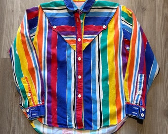 Chemise boutonnée vintage des années 90 pour femme, arc-en-ciel brillant Western Roper, taille petit VTG