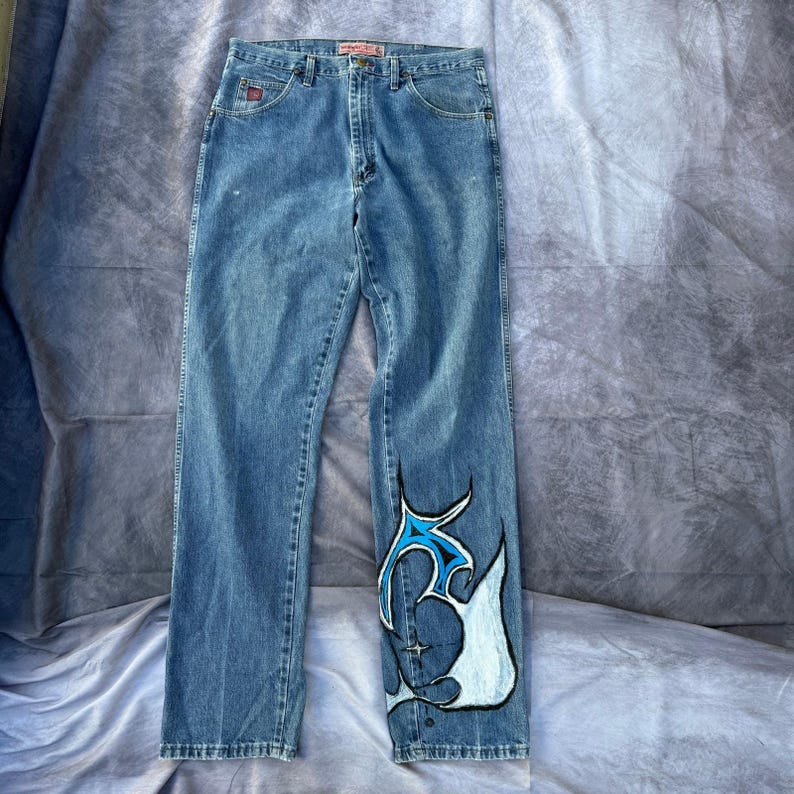 Men's Vintage Wrangler PBR Bull Riding Wester Custom Denim Blue Jeans Sz 36 x 36 image 1