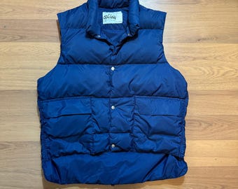 Men's Vintage 70's Skitique Navy Blue Snap Puffer Goose Down Winter Vest Sz L