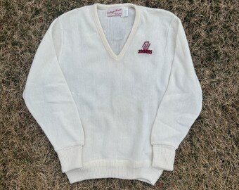 Suéter de mujer vintage de los años 80 de los Oklahoma Sooners, blanco, de lana, cuello en V, talla L