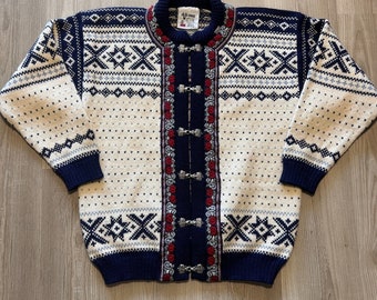 Pull vintage Voss en tricot de laine à fermoir nordique norvégien Sz pour femmes, grand pour hommes