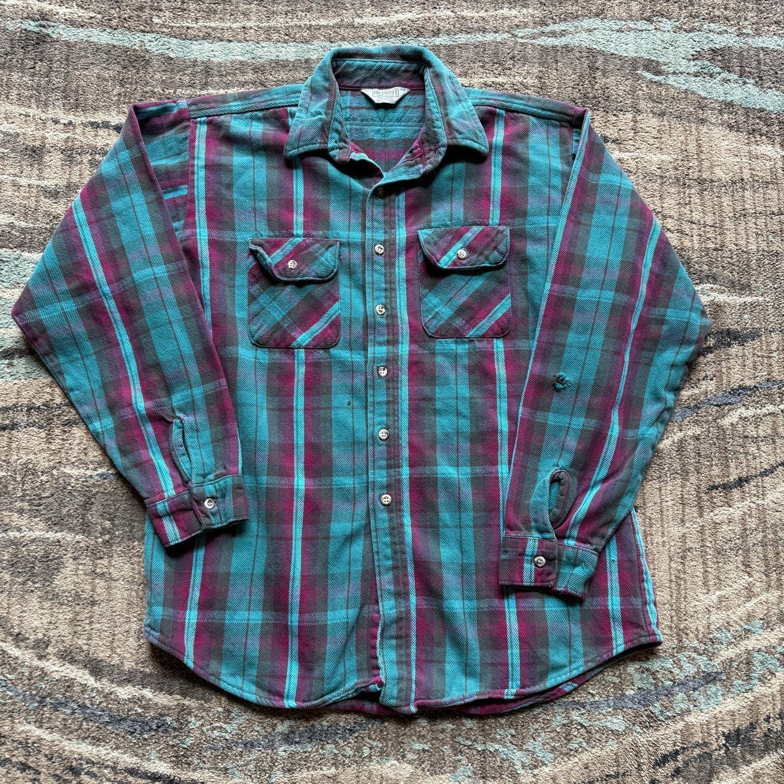 Men's Vintage Five Brothers Blue Pink Plaid Flannel Long Sleeve