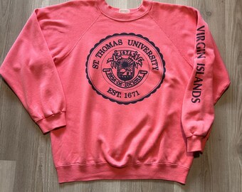 Vintage 80er Jahre St. Thomas Universität Rosa Crest Rundhals Pullover Sweatshirt Sz L