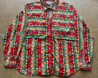 Men's Vintage 90's Rodeo Western Wear Red Aztec Button Up Long Sleeve Shirt Sz L
