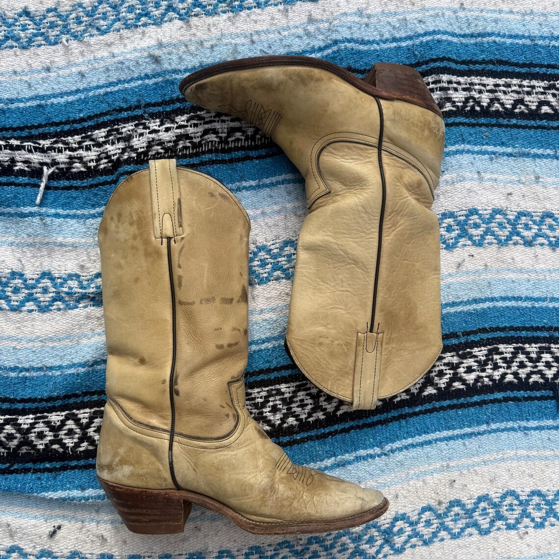 Men's Vintage 1970's Frye Cream Tan Leather Western #2304 Cowboy Boots Sz 10D, foto 2 di 5
