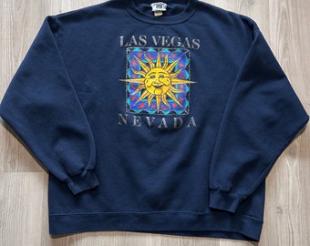 Vintage 90's Las Vegas Nevada Navy Blue Sun Crewneck Pullover Sweatshirt Sz 2XL