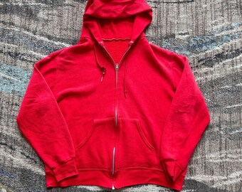 Vintage 80's Blank Red Fleece Zip Up Hoodie Sweatshirt Sweat Jacket Sz Large VTG