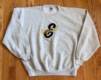 Vintage 90's Russell Athletic E Softball Gray Crewneck Pullover Sweatshirt Sz XL