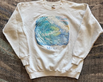 Vintage 90's Maui Hawaii White Puff Print Surf Crewneck Pullover Sweatshirt XL