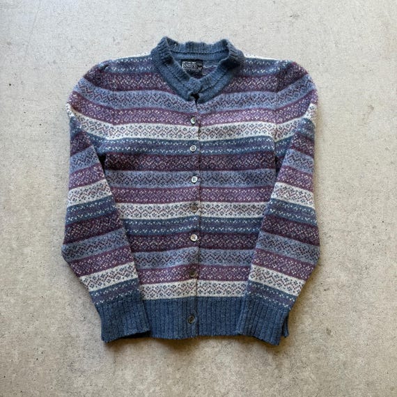 Women's Vintage 80's Lands' End Shetland Wool Blue Red Cardigan