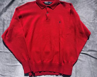 Men's Vintage 90's Polo Ralph Lauren Red Knit Pullover Collared Sweater Sz Large