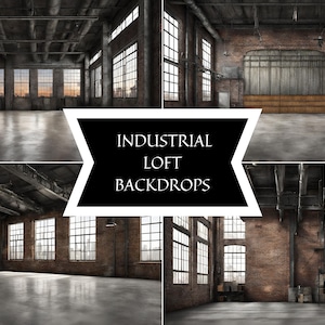 May include: Four different images of industrial loft backdrops. Each image shows a large, empty space with exposed brick walls, high ceilings, and large windows. The backdrops are ideal for photography or videography.