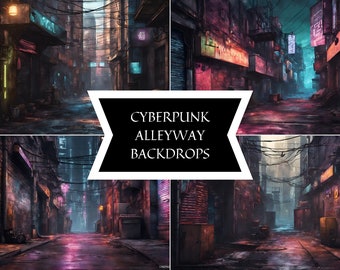 May include: Four digital art images of a cyberpunk alleyway with neon signs and dark, gritty textures. The alleyways are narrow and lined with buildings, and the lighting is dim and atmospheric.