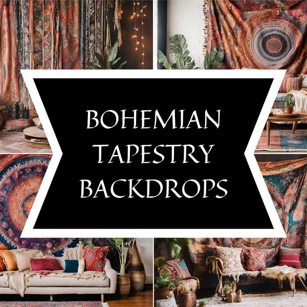 Bohemian Tapestry Digital Backdrop Bundle, Hippie Chic Decor, Boho Wall Art, Instant Download, Gypsy Home Decor, Printable Photography Props