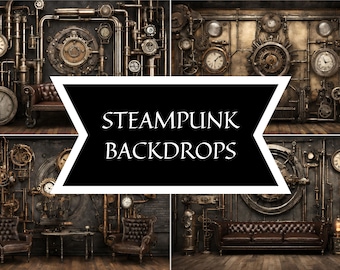 Steampunk Digital Backdrop Bundle Victorian Industrial Fantasy Backgrounds for Instant Download Vintage Clockwork, Gears, and Industrial