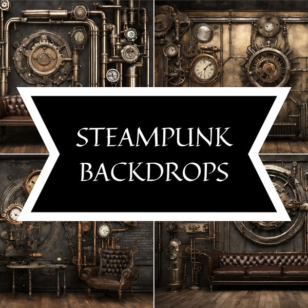 Steampunk Digital Backdrop Bundle Victorian Industrial Fantasy Backgrounds for Instant Download Vintage Clockwork, Gears, and Industrial