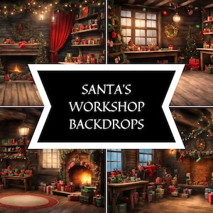 Enchanting Santa&#39;s Workshop Digital Backdrop Bundle: Festive Christmas Scenes for Virtual Backgrounds and Holiday Photos