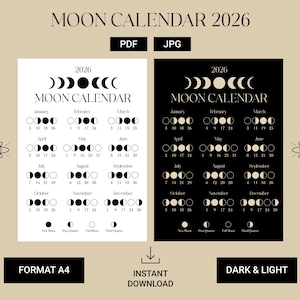Calendario Lunar 2026 – Zona horaria europea (CET/CEST) Imprimible / Fases lunares / Descarga digital / Tamaño A4 / Calendario Lunar 2026, Ciclo lunar