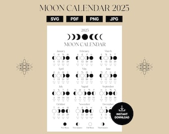2025 Moon Calendar, Moon Phase Calendar, Lunar Calendar, 2025 Lunar Calendar, 2025 Calendar, Moon Cycle, Moon Phase Planner