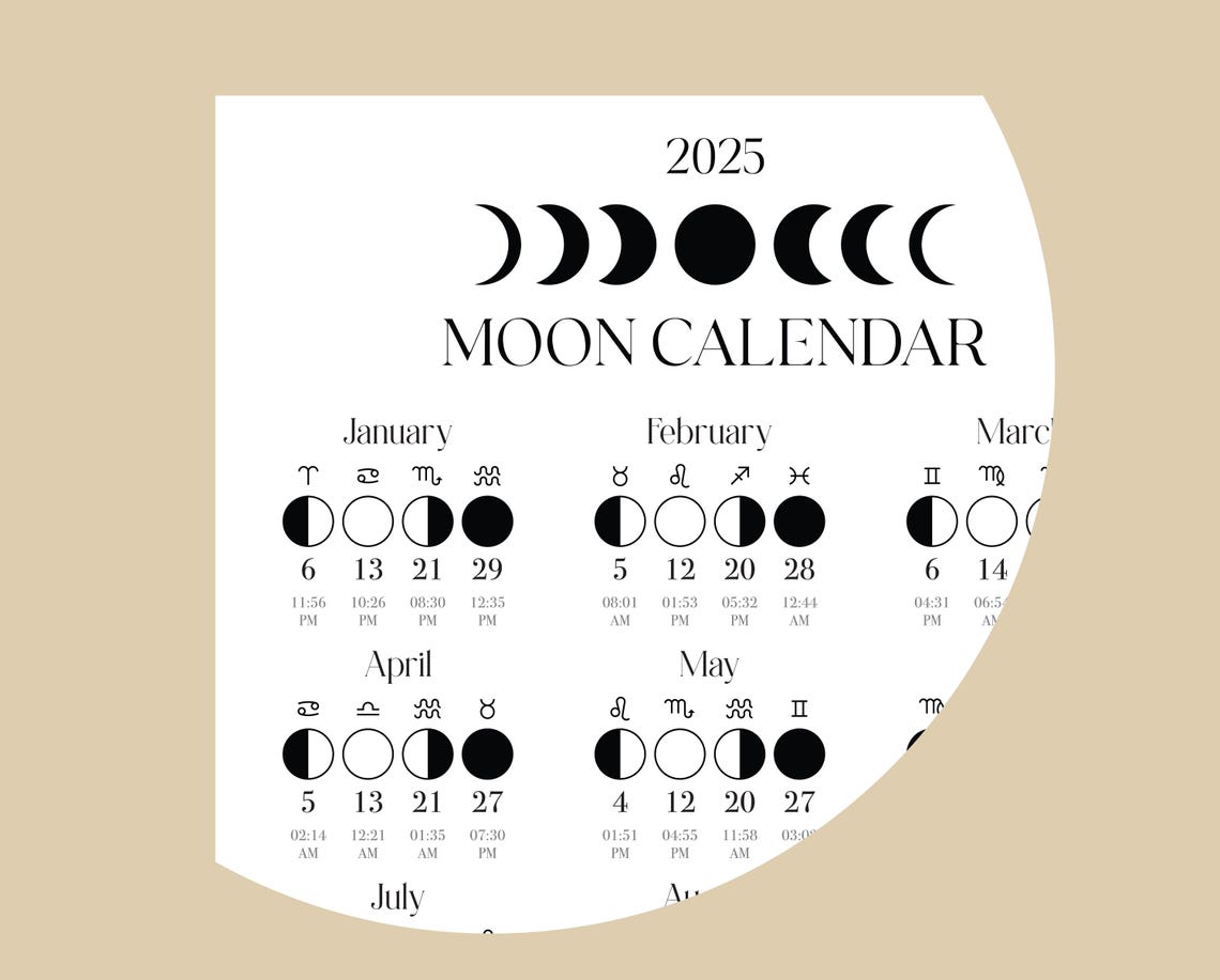 2025 Moon Calendar, Moon Phase Calendar, Lunar Calendar, 2025 Lunar