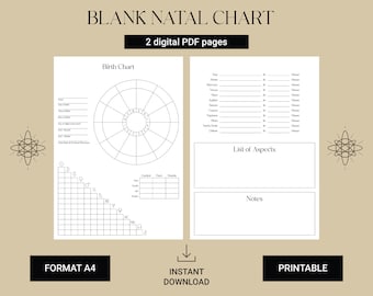 Plantilla de carta natal en blanco imprimible / Carta natal / Carta natal de astrología imprimible / Plantilla de lectura de astrología / Hoja de datos del horóscopo PDF