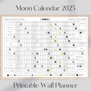 Peut inclure: Un calendrier mural imprimable noir et blanc pour 2025 avec un suivi des phases lunaires. Le calendrier comprend les mois de janvier à décembre et affiche les phases lunaires pour chaque jour. Le calendrier comprend également une légende expliquant les différentes phases lunaires.