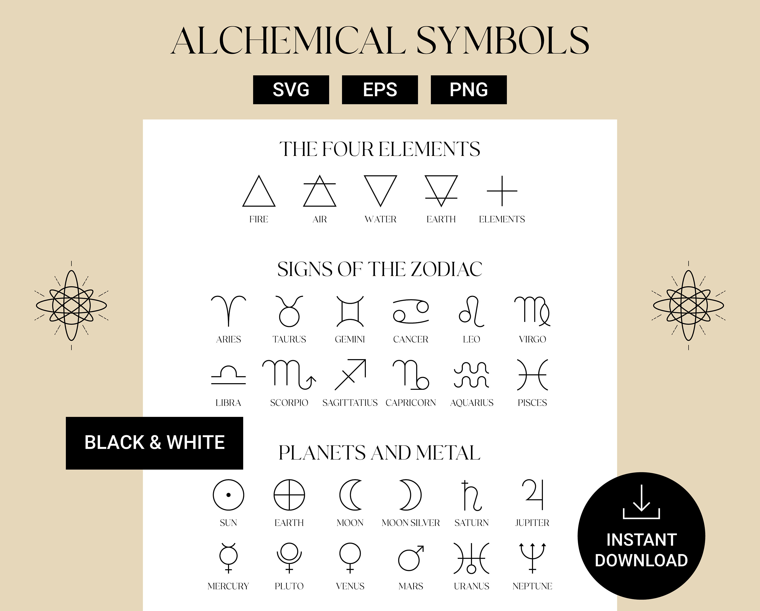 Alchemistische Symbole | Astrologie Sternzeichen SVG | Sternzeichen | Horoskop-Bundle | Astrologie Celestial Clipart | Logoelemente PNG