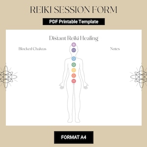 May include: A beige PDF printable template labelled "Reiki Session Form." The form shows a line drawing of a human figure with chakra symbols. Text includes "Distant Reiki Healing," "Blocked Chakras," and "Notes." The format is A4.