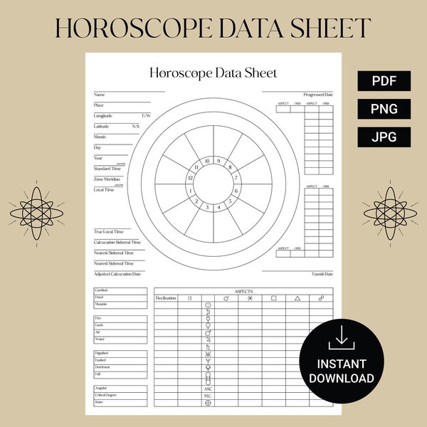 Horoscope Data Sheet PDF | Wheel Birth Astrology Chart PDF printable | Birth Chart Astrology | Chart Astrology And Horoscopes | Natal chart