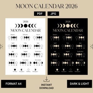 Può includere: Un calendario lunare digitale 2026 in formati PDF e JPG, disponibile in temi scuri e chiari. Il calendario mostra le fasi lunari per ogni mese, con il testo "MOON CALENDAR 2026". Formato A4, download immediato.