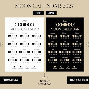 Puede incluir: Un calendario lunar de 2027 en formatos PDF y JPG, que presenta dos versiones: una con texto negro sobre fondo blanco y otra con texto blanco sobre fondo negro. Cada una muestra las fases lunares mensuales, las fechas y una leyenda.