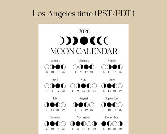 2026 Moon Calendar – Los Angeles Time (PST/PDT), Moon Phase Calendar, Lunar  Calendar, 2026 Lunar Calendar, Moon Cycle, Moon Phase Planner