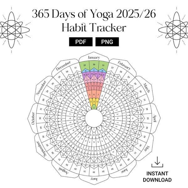 365 Days of Yoga Printable | Yoga habit tracker | Mandala Colouring Page | Yoga Digital Planner 2025 & 2026  |  Temperature Calendar