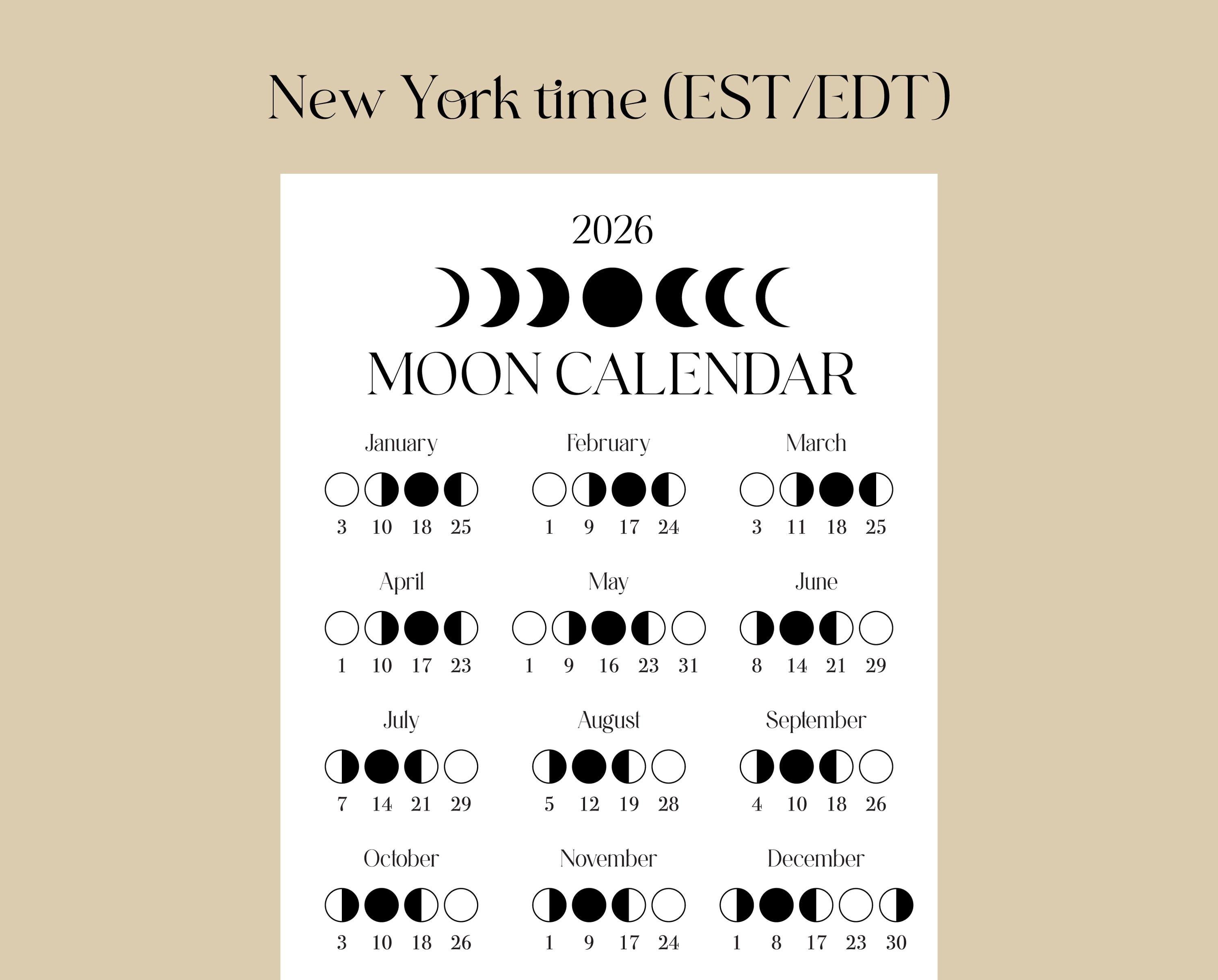 2026 Lunar Calendar – New York Time (EST/EDT) Printable | Moon