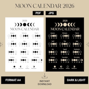 Op de afbeelding: Een digitale maankalender voor 2026, beschikbaar in PDF- en JPG-formaat. Het ontwerp heeft een zwart-wit kleurenschema, met de maanfasen voor elke maand. De kalender bevat de tekst "MOON CALENDAR 2026".