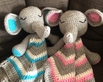 Doudou éléphant lovey réconfortante fait à la main, couverture peluche câlin au crochet sécuritaire pour bébé, cadeau de naissance original