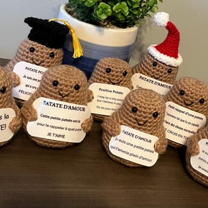 Crocheted positive potato. Motivational gift, emotional support gift. Smiling potato plush with an encouraging message.