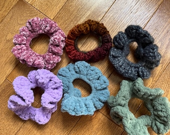 Crochet scrunchies, handmade hair accessories, velvet wool hair bun elastic, gift for her, gift for a young girl.