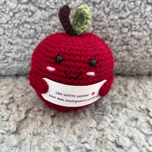 Mela all'uncinetto. Regalo per insegnanti con testo, regalo di supporto emotivo per insegnanti. Mela di peluche con un messaggio positivo.