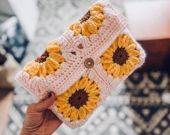 New SUNFLOWER BOOK Cover / Crochet Book Jacket / Hobonichi Cousins Planner Cover / A5 Journal Purse - Customize