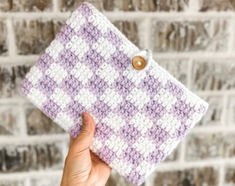 New CROCHET CHECKERED BOOK Sleeve / With Button / Book Jacket / A5 Journal Sleeve - White Accents