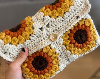 New SUNFLOWER BOOK COVER / Crochet Book Jacket / Hobonichi Cousins Planner Cover / A5 Journal Purse