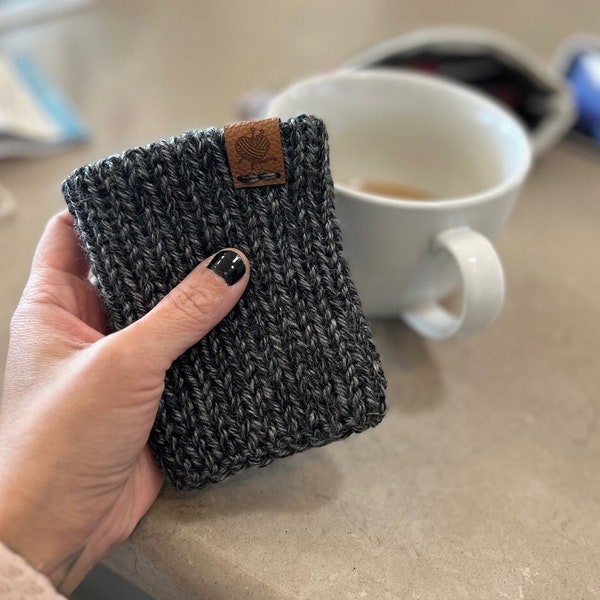 HEATHER CUP COZY with Faux Leather Tag - Knit Coffee Sleeve - Reusable Cup Cozy - Coffee Cozy - Gifts of Coffee Lovers - Heather Collection