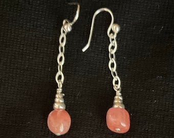 Beautiful, dangling sterling silver chain and earwire with pink quartz stones