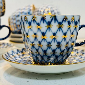 22K Gold Cobalt Net - Coffee Cup Saucer Plate -Cobalt Net Russian Imperial Lomonosov porcelain