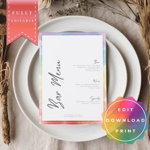 Getränkekarte LGBTQ+, Lesbische Hochzeit, Gay Hochzeit, Regenbogen, Pride, editierbare und druckbare Vorlage, sofortiger Download