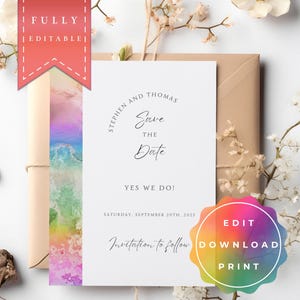 Save the Date LGBTQ+, Lesbische Hochzeit, Gay Hochzeit, Regenbogen, editierbare und druckbare Vorlage, sofortiger Download