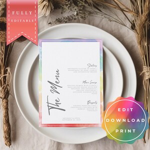 Wedding Menu LGBTQ+, Menu Card, Same Sex Wedding, Gay Wedding, Rainbow, Pride, editable and printable Template, Instant Download
